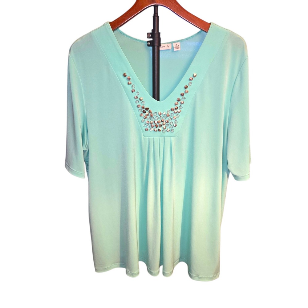 Susan Graver Beaded V-Neck Blouse Womens XL Mint Green Liquid Knit Short Sleeve